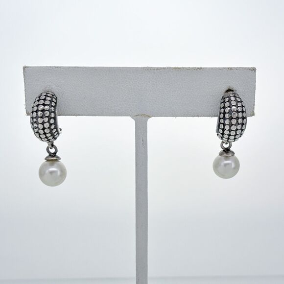 Vintage Sterling Silver 925 Hobnail Detail Imitation Pearl Drop Earrings - Picture 3 of 6